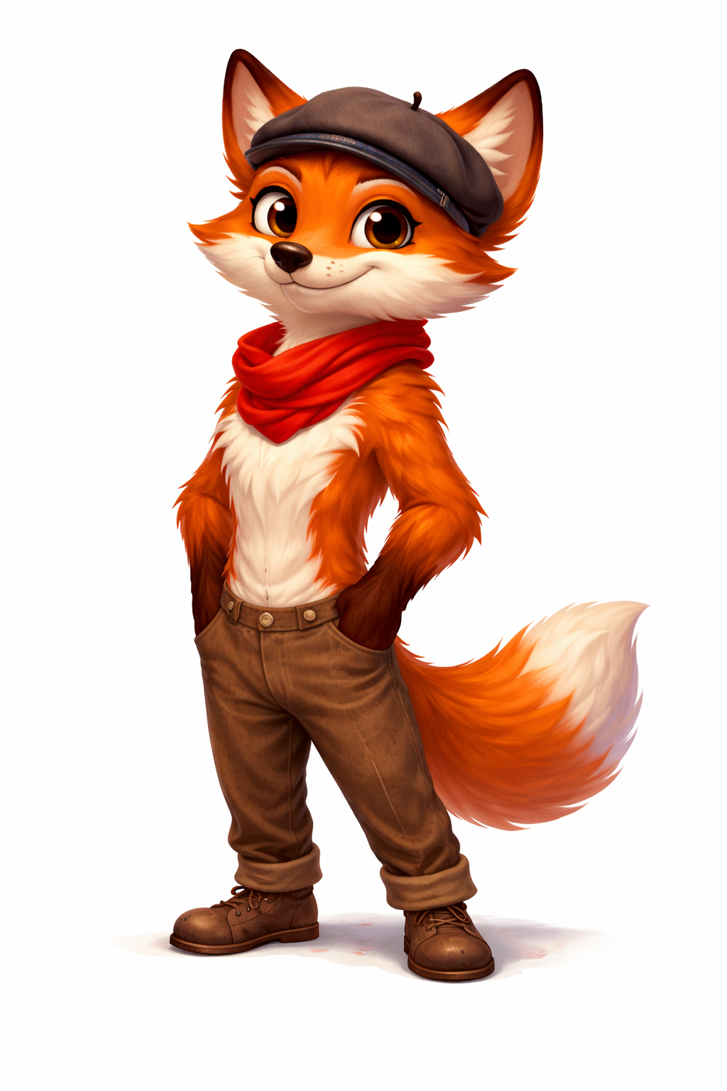 Léon, le renard mascotte de LineaPix, en béret et foulard rouge