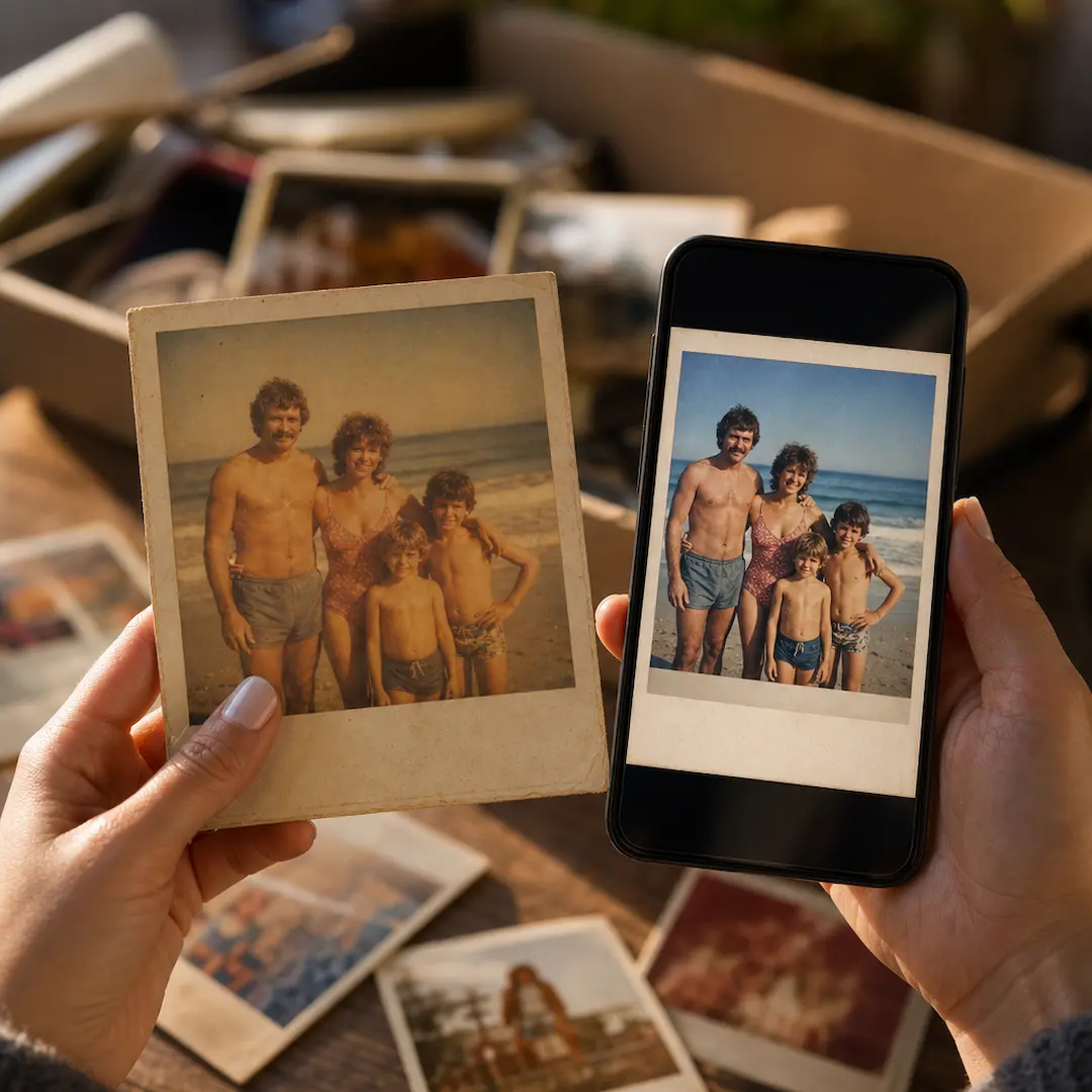 Polaroid jauni avant numérisation et le même aux couleurs ravivées après numérisation
