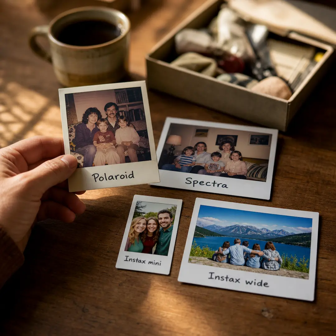 Formats de photos instantanées côte à côte : Polaroid carré, Spectra, Instax mini et Instax wide