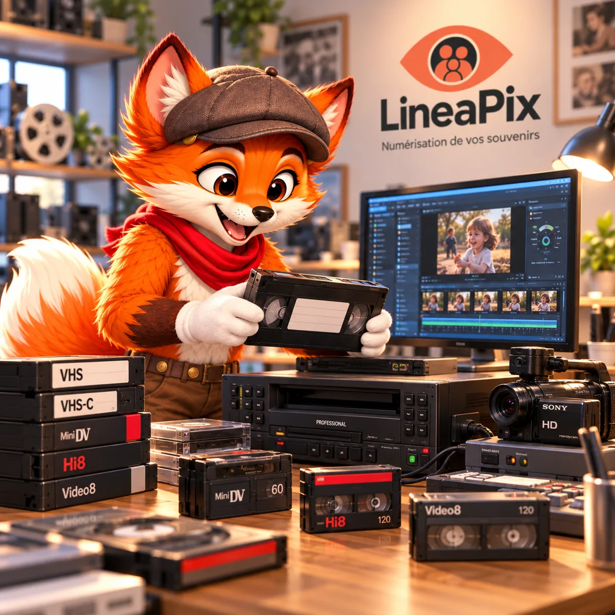 Léon, la mascotte LineaPix, prépare des cassettes Hi8, Video8 et MiniDV pour la numérisation